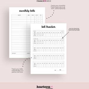 May include: Printable black and white bullet journal pages for tracking monthly bills and expenses. The pages include a monthly bill tracker with sections for each month of the year and a separate page for tracking monthly bills with columns for description, amount, due date, paid, and notes.