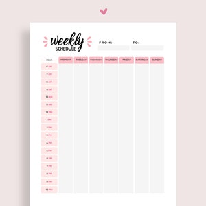 Puede incluir: Un planificador semanal imprimible con un esquema de color rosa y negro. El planificador tiene una sección para cada día de la semana, de lunes a domingo, e incluye franjas horarias de 6 AM a 10 PM.