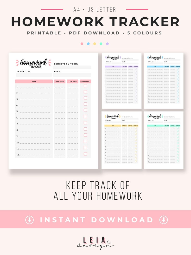 Homework Tracker Printable Planner Assignment Tracker