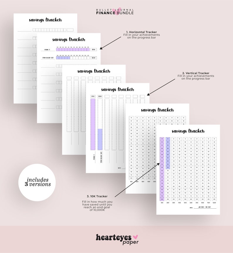 May include: Three different versions of a savings tracker printable. The first version is a horizontal bar graph, the second is a vertical bar graph, and the third is a grid with 100 squares. All three versions are in black and white with a light purple accent color.