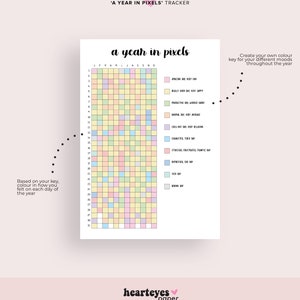 May include: A printable year in pixels tracker with a grid of 31 squares for each month of the year. The grid is color-coded with a key that includes mood descriptors like "Amazing Day, Very Fun", "Really Good Day, Very Happy", "Productive Day, Worked Hard", "Normal Day, Very Average", "Chill Out Day, Very Relaxing", "Fabulous, Thriving Day", "Stressed, Frustrated, Frantic Day", "Depressed, Sad Day", "Sick Day", and "Boring Day".