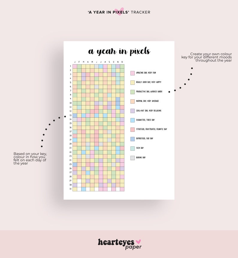May include: A printable year in pixels tracker with a grid of 31 squares for each month of the year. The grid is color-coded with a key that includes mood descriptors like "Amazing Day, Very Fun", "Really Good Day, Very Happy", "Productive Day, Worked Hard", "Normal Day, Very Average", "Chill Out Day, Very Relaxing", "Fabulous, Thriving Day", "Stressed, Frustrated, Frantic Day", "Depressed, Sad Day", "Sick Day", and "Boring Day".
