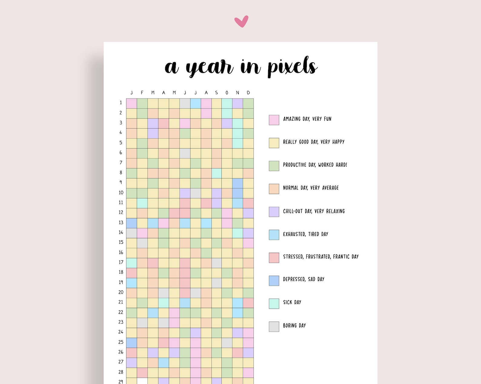 A Year in Pixels Printable, Mood Tracker, Bullet Planner Printable ...