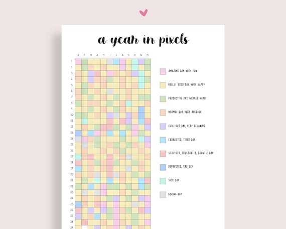 A Year in Pixels Printable, Mood Tracker, Bullet Planner Printable, Journal Pages, Journal Inserts, Habit Tracker, Printable Tracker