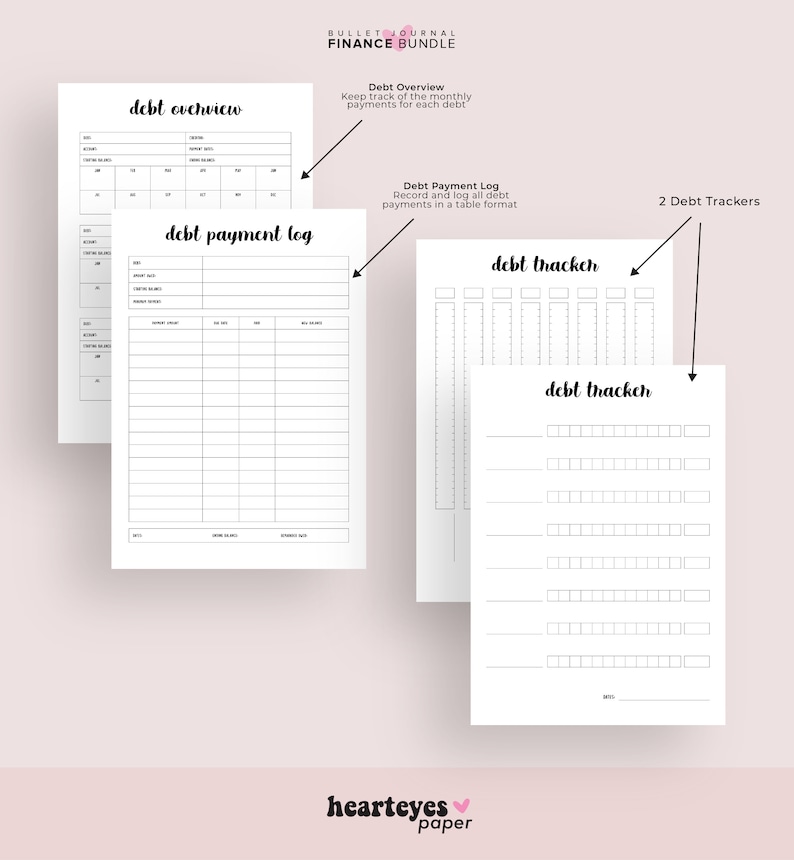 May include: Printable bullet journal pages for tracking debt. The pages include a debt overview, debt payment log, and two debt trackers.