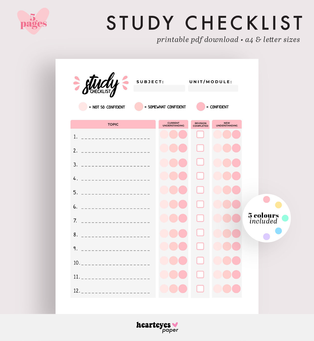 Study Checklist Printable Planner Study Tracker Study List