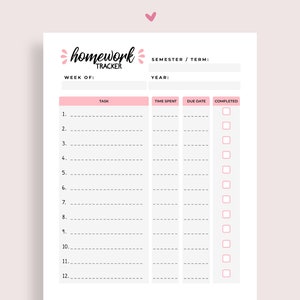 Homework Tracker, Printable Planner, Assignment Tracker, Homework Planner, Assignment Planner, Student Planner - A4 and Letter Sizes