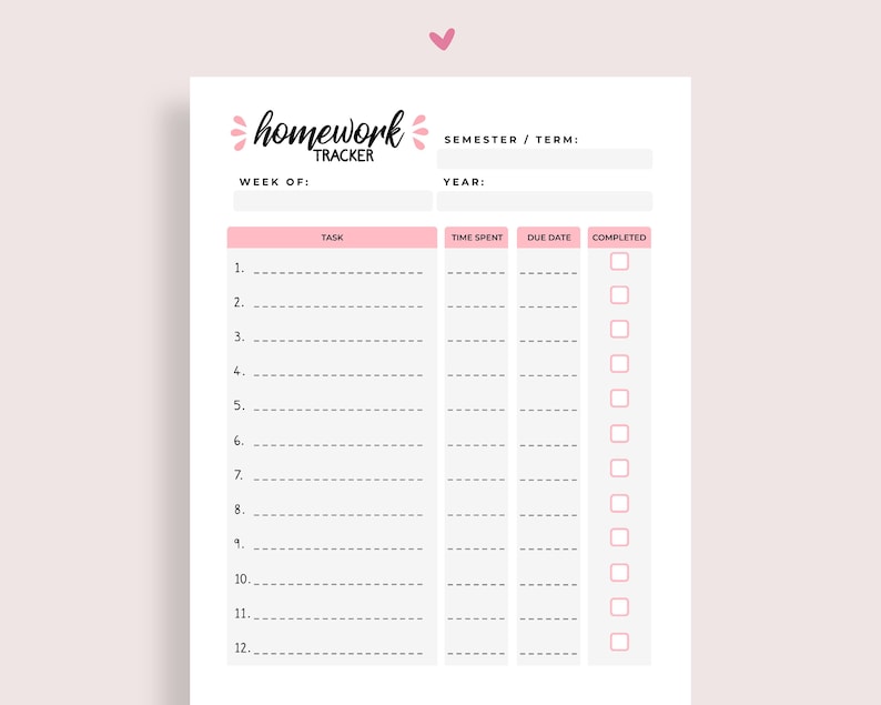 May include: A printable homework tracker with sections for task, time spent, due date, and completed. The tracker is designed for 12 assignments.