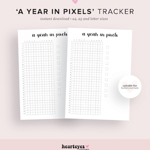 May include: Printable 'A Year in Pixels' tracker for bullet journaling. The tracker has two pages, each with a grid of 31 squares, labeled with the months of the year.  The tracker is suitable for bullet journals.