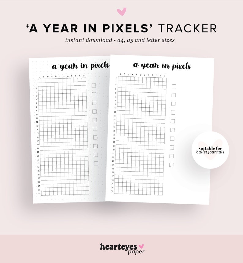 May include: Printable 'A Year in Pixels' tracker for bullet journaling. The tracker has two pages, each with a grid of 31 squares, labeled with the months of the year.  The tracker is suitable for bullet journals.