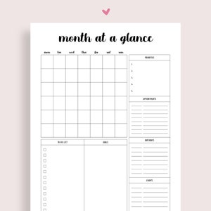 Month at a Glance Printable, Bullet Planner, Journal Pages, Monthly Planner Undated, Monthly Calendar, Daily Planner, Journal Inserts