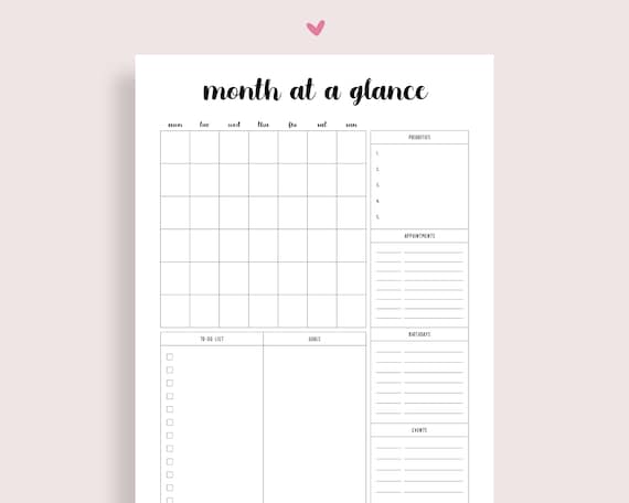 Month at a Glance Printable, Bullet Planner, Journal Pages, Monthly Planner  Undated, Monthly Calendar, Daily Planner, Journal Inserts - Etsy