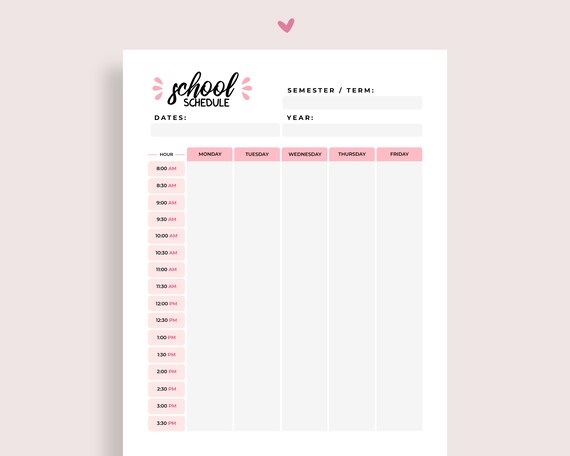 School Schedule, Printable Schedule, School Timetable, Class Schedule, Student Planner, Planner Printable - A4 & Letter Sizes