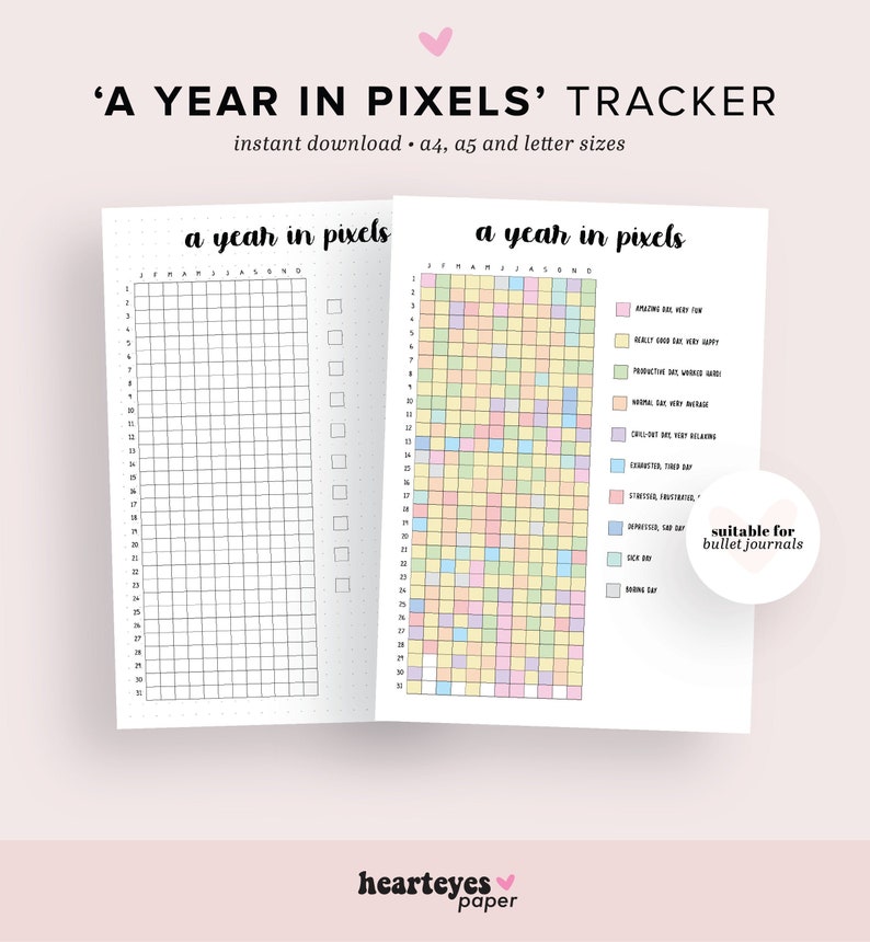 May include: A printable tracker for a year in pixels. The tracker is divided into 31 squares for each month of the year. The squares are color-coded to represent different moods or feelings. The tracker is suitable for bullet journals.