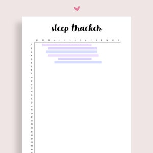 Puede incluir: Un rastreador de sueño imprimible con un esquema de color blanco y morado claro. El rastreador tiene números del 10 al 12 en la parte superior y números del 1 al 30 en el lado izquierdo. El rastreador tiene una barra morado claro para cada día del mes.