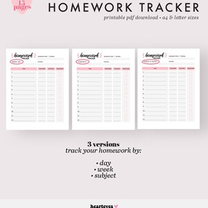 May include: Three printable homework tracker pages with pink accents. Each page has a different layout for tracking homework by day, week, or subject. The pages are designed to help students stay organised and on top of their schoolwork.