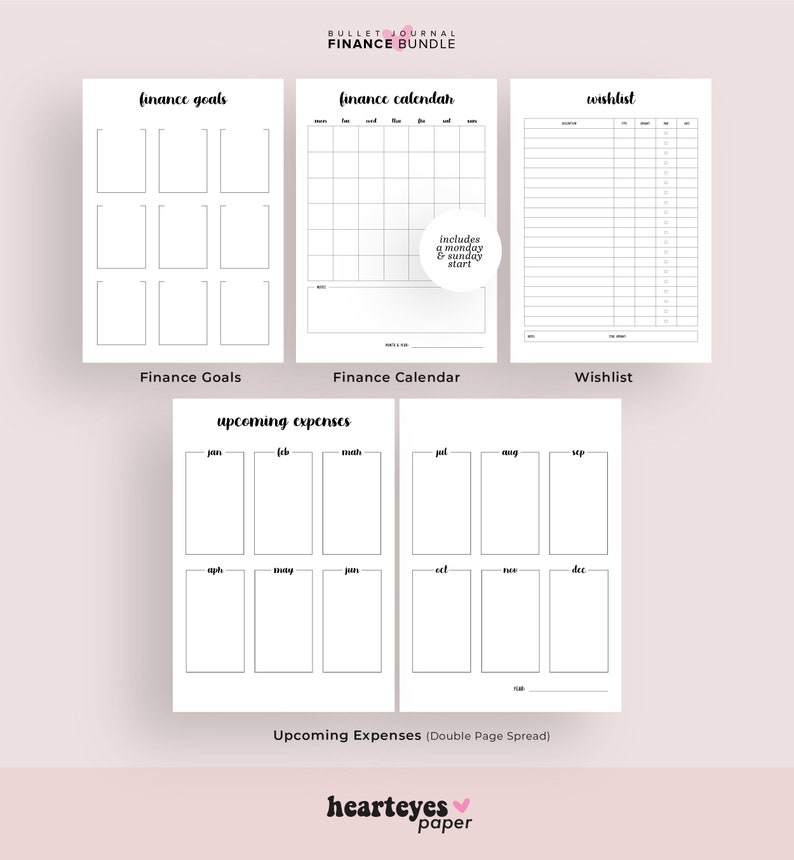 May include: Printable bullet journal pages for tracking finances. Includes sections for finance goals, a finance calendar, a wishlist, and upcoming expenses.