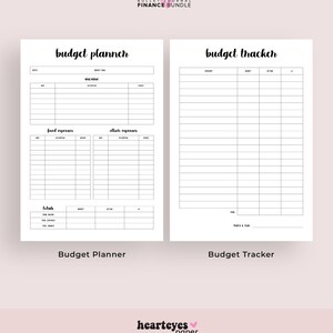 May include: A printable budget planner and tracker worksheet set. The planner includes sections for income, fixed expenses, and other expenses. The tracker has columns for category, budget, actual, and difference.