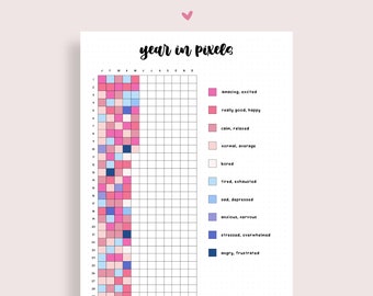 Year In Pixels Printable, Mood Tracker, Printable Tracker, Daily Tracker, Daily Mood Tracker, Daily Log, Mental Health Wellness Tracker