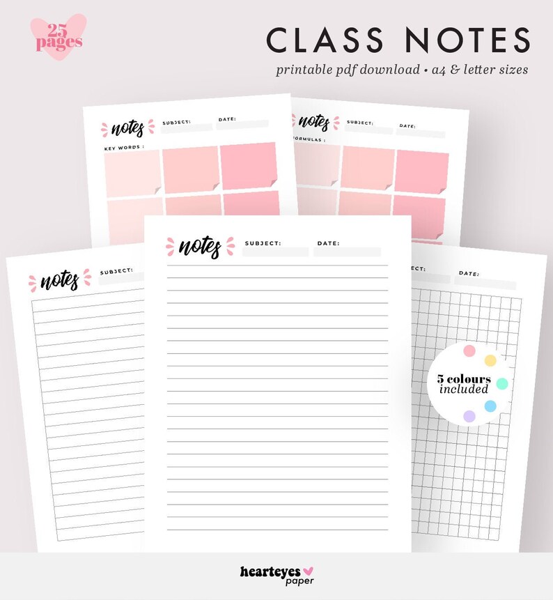May include: Printable class notes template with 25 pages. The template includes lined paper, grid paper, and space for notes, key words, formulas, subject, and date. The text "CLASS NOTES" is at the top of the page. The text "printable pdf download - a4 & letter sizes" is below the title. The text "hearteyes paper" is at the bottom of the page.
