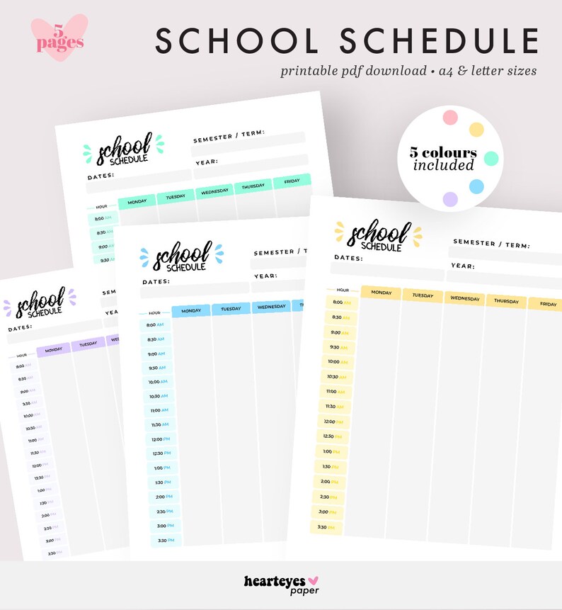 Puede incluir: Cinco plantillas de horario escolar imprimibles en diferentes colores. Cada plantilla tiene un espacio para fechas, semestre o trimestre, a&ntilde;o, hora y d&iacute;as de la semana. El texto "School Schedule" est&aacute; en la parte superior de la p&aacute;gina.