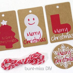 12 Geschenkanhänger mit Twine 3m, X-Mas Weihnachten, Geschenke verpacken, Geschenk Anhänger rund, eckig, merry christmas