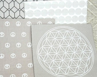 Servietten crème weiß graubeige Peace Mandala Punkte Tissue Serviette Serviettentechnik DIY Material BuntMixxDIY