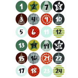 Adventskalender cijfers 1-24, stickers, 4 cm diameter, groen bruin kleurrijk, retro stijl, knutselmateriaal BuntMixxDIY