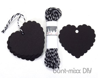 25 Geschenkanhänger schwarz HERZ 5m Band twine schwarz-weiß Adventskalender basteln Geschenk verpacken Material DIY BuntMixxDIY