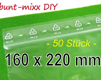 50 Druckverschlussbeutel 160 x 220 mm 50 my Folienbeutel transparent wiederverschließbar lebensmittelecht zipperbag Material BuntMixxDIY