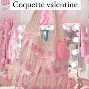 Pink bow crochet shoulder tote bag