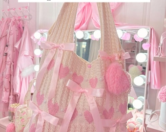 Bolso de hombro de crochet con lazo rosa