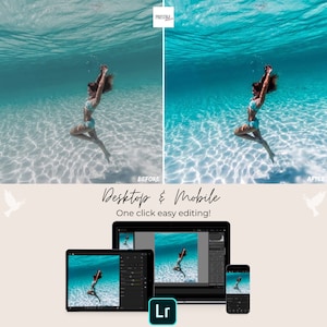 May include: Before and after image of a woman underwater in a turquoise blue ocean. The image on the left is the before image and the image on the right is the after image. The after image has been edited to make the colors more vibrant and the water clearer. The text "Desktop & Mobile" is displayed below the images, along with the text "One click easy editing!" The Lightroom logo is displayed below the text.