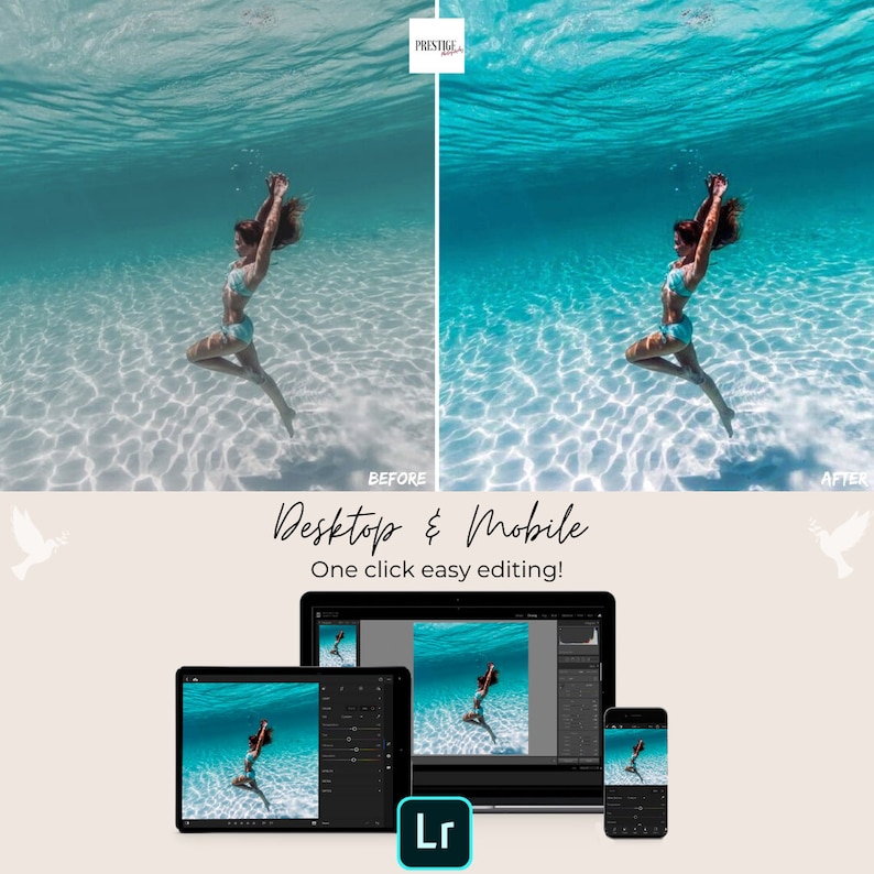 May include: Before and after image of a woman underwater in a turquoise blue ocean. The image on the left is the before image and the image on the right is the after image. The after image has been edited to make the colors more vibrant and the water clearer. The text "Desktop & Mobile" is displayed below the images, along with the text "One click easy editing!" The Lightroom logo is displayed below the text.
