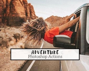 May include: A person leans out of a car window, arms outstretched, with the text "ADVENTURE Photoshop Actions" in a white box. The person wears an orange shirt, with windblown hair. The background features a desert landscape with reddish-brown rock formations.
