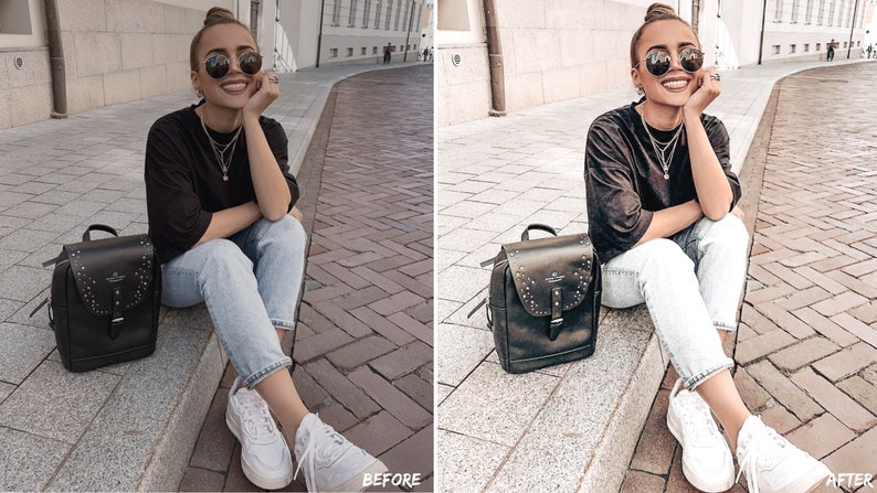 Peut inclure: Une femme portant un t-shirt noir, un jean bleu clair et des baskets blanches est assise sur un trottoir avec un sac &agrave; dos en cuir noir. Elle porte des lunettes de soleil et un collier.