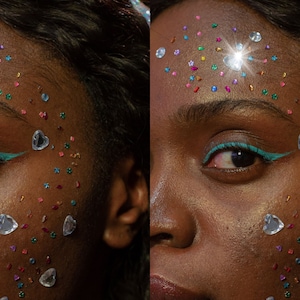 May include: A close-up of a person's face with colorful rhinestones and glitter on their forehead and cheek. The rhinestones are arranged in a random pattern. The person's eye is visible, with a teal eyeliner. The image is split into two sections, with the left side labeled "Before" and the right side labeled "After". The "After" side shows a more intense sparkle from the rhinestones.