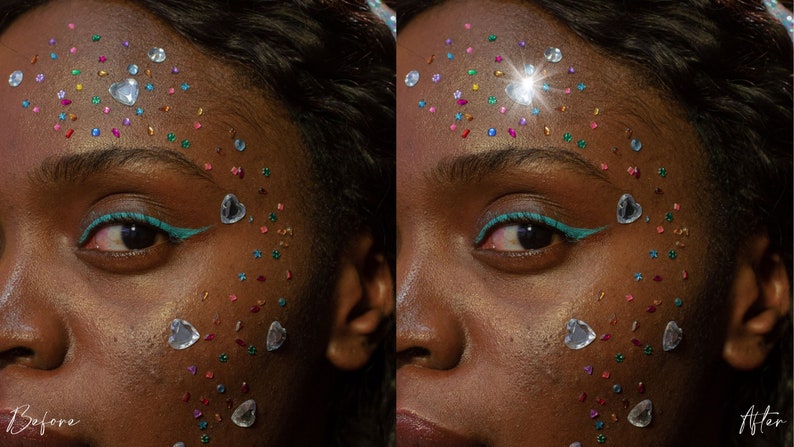 May include: A close-up of a person's face with colorful rhinestones and glitter on their forehead and cheek. The rhinestones are arranged in a random pattern. The person's eye is visible, with a teal eyeliner. The image is split into two sections, with the left side labeled "Before" and the right side labeled "After". The "After" side shows a more intense sparkle from the rhinestones.