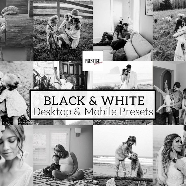 12 zwart-wit Lightroom mobiele en desktop-voorinstellingen - familievoorinstellingen, bruiloftsvoorinstellingen, kindervoorinstellingen, huisdiervoorinstellingen, portretvoorinstellingen