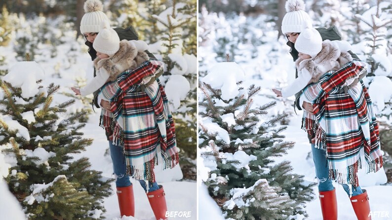 May include: A woman and a child wearing winter clothing stand in a snowy forest. The woman is holding the child in her arms. They are both wearing white knit hats and red boots. The child is wearing a fur vest and a plaid blanket. The woman is wearing a plaid blanket and blue jeans. The forest is covered in snow and there are pine trees in the background.