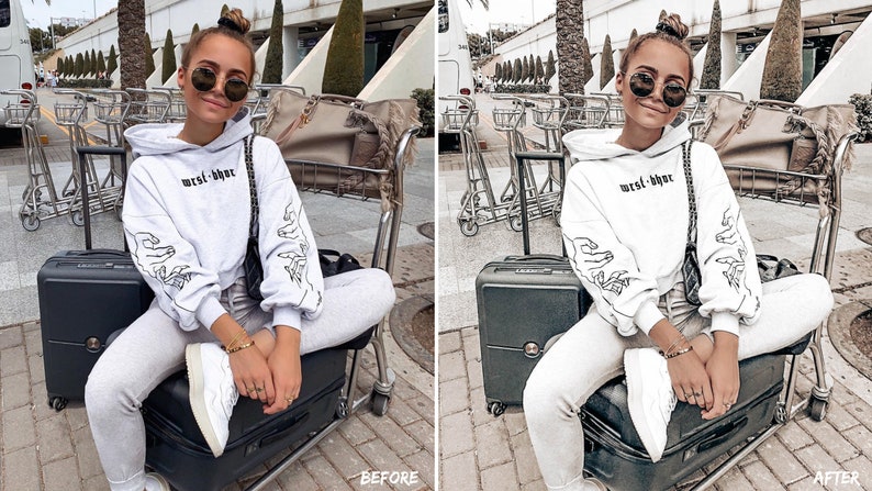 Peut inclure: Une femme portant un sweat-shirt blanc avec le texte "west-bye" et des lunettes de soleil noires est assise sur une valise &agrave; l'a&eacute;roport.