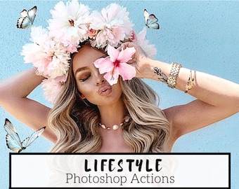 May include: A woman with long blonde hair wears a flower crown and a pink flower behind her ear. She is wearing a gold watch and bracelet. The background is a light blue color. The text "LIFESTYLE Photoshop Actions" is at the bottom of the image.