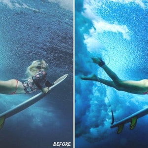 May include: A woman in a floral rash guard and red bikini bottoms is underwater on a surfboard. The water is a vibrant blue and there are bubbles around her.