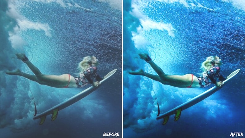 May include: A woman in a floral rash guard and red bikini bottoms is underwater on a surfboard. The water is a vibrant blue and there are bubbles around her.
