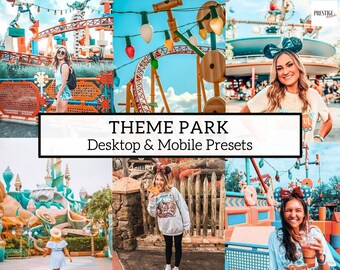 May include: A collage of photos featuring a theme park with colorful rides, attractions, and people enjoying the experience. The text "THEME PARK Desktop & Mobile Presets" is displayed in the center of the image.