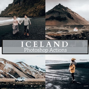 May include: A set of four Photoshop actions inspired by the landscapes of Iceland. The actions are designed to create a moody and atmospheric look for your photos. The images show a couple walking on a black sand beach, a mountain range with snow-capped peaks, a small house on a grassy hill, and a person standing on a black sand beach.