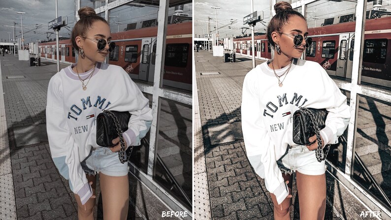 Peut inclure: Une femme portant un sweat-shirt blanc avec le texte "Tommy Hilfiger New York" en lettres bleues et rouges. Elle porte &eacute;galement un short en jean blanc, un sac &agrave; main noir &agrave; bandouli&egrave;re cha&icirc;ne et des lunettes de soleil. La femme se tient devant une gare.