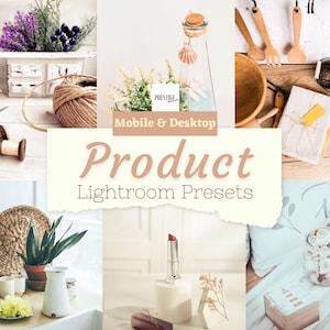 Puede incluir: Un collage de imágenes de productos de estilo de vida, que incluye una caja decorativa blanca con lavanda, una botella de vidrio con conchas marinas y un tubo de lápiz labial. Se muestra el texto "Mobile & Desktop Product Lightroom Presets".