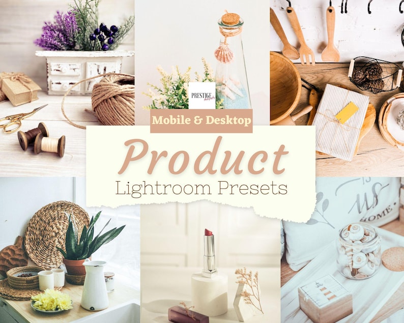 Puede incluir: Un collage de im&aacute;genes de productos de estilo de vida, que incluye una caja decorativa blanca con lavanda, una botella de vidrio con conchas marinas y un tubo de l&aacute;piz labial. Se muestra el texto "Mobile & Desktop Product Lightroom Presets".