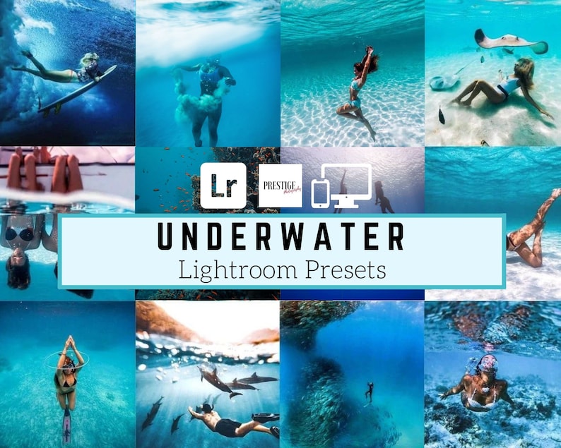May include: A collage of underwater photos featuring people swimming, diving, and interacting with marine life. The text "UNDERWATER Lightroom Presets" is displayed in a blue banner.